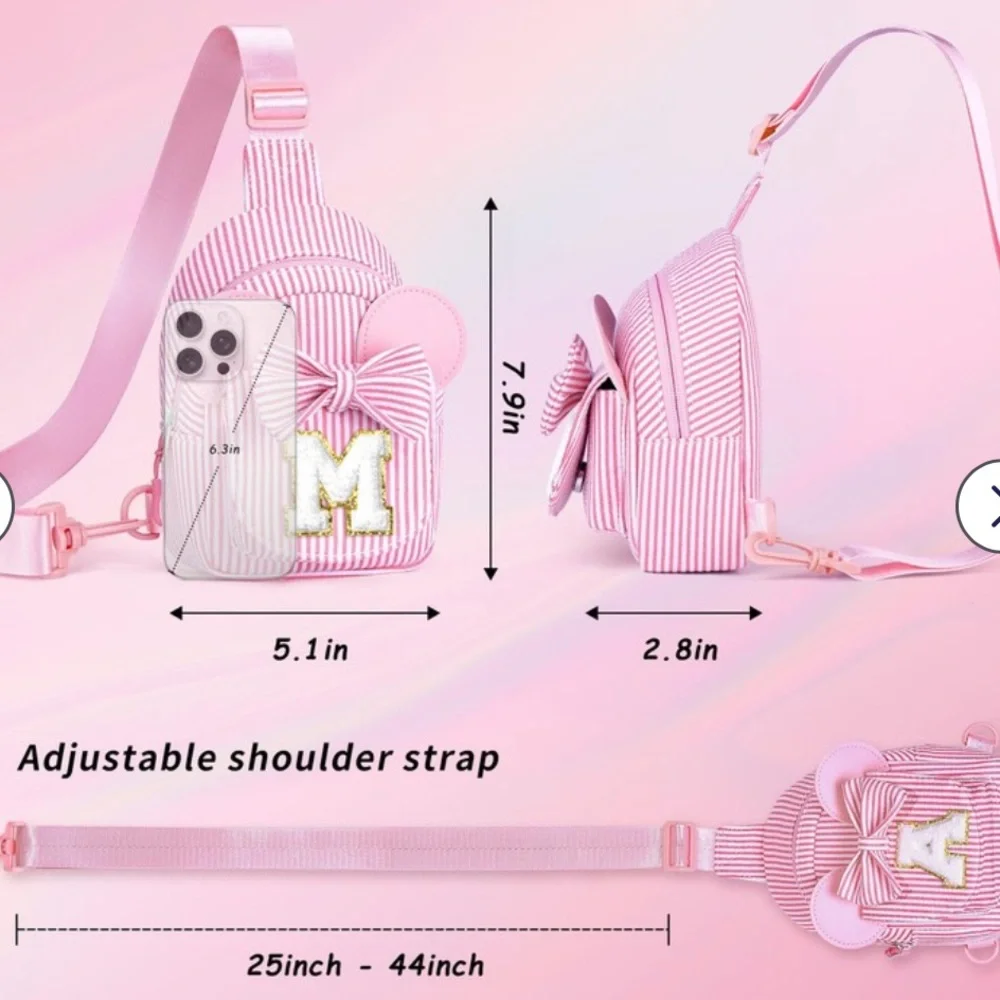 Pink Initial ‘E’ Striped Reversible Crossbody Sling Bag Backpack Girls Bow Bag